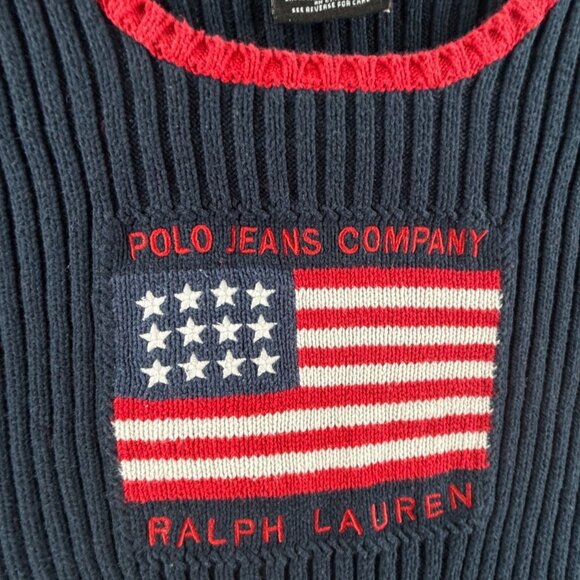Ralph Lauren Polo Jeans Women Flag Sweater Large Short Sleeve Ribbed Red Blue - Picture 10 of 14
